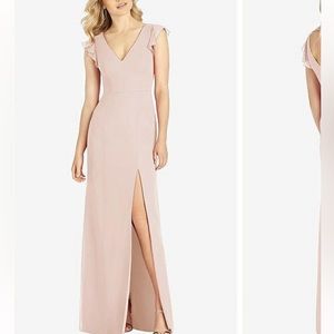 Dessy RUFFLED SLEEVE MERMAID DRESS WITH FRONT SLIT IN CAMEO